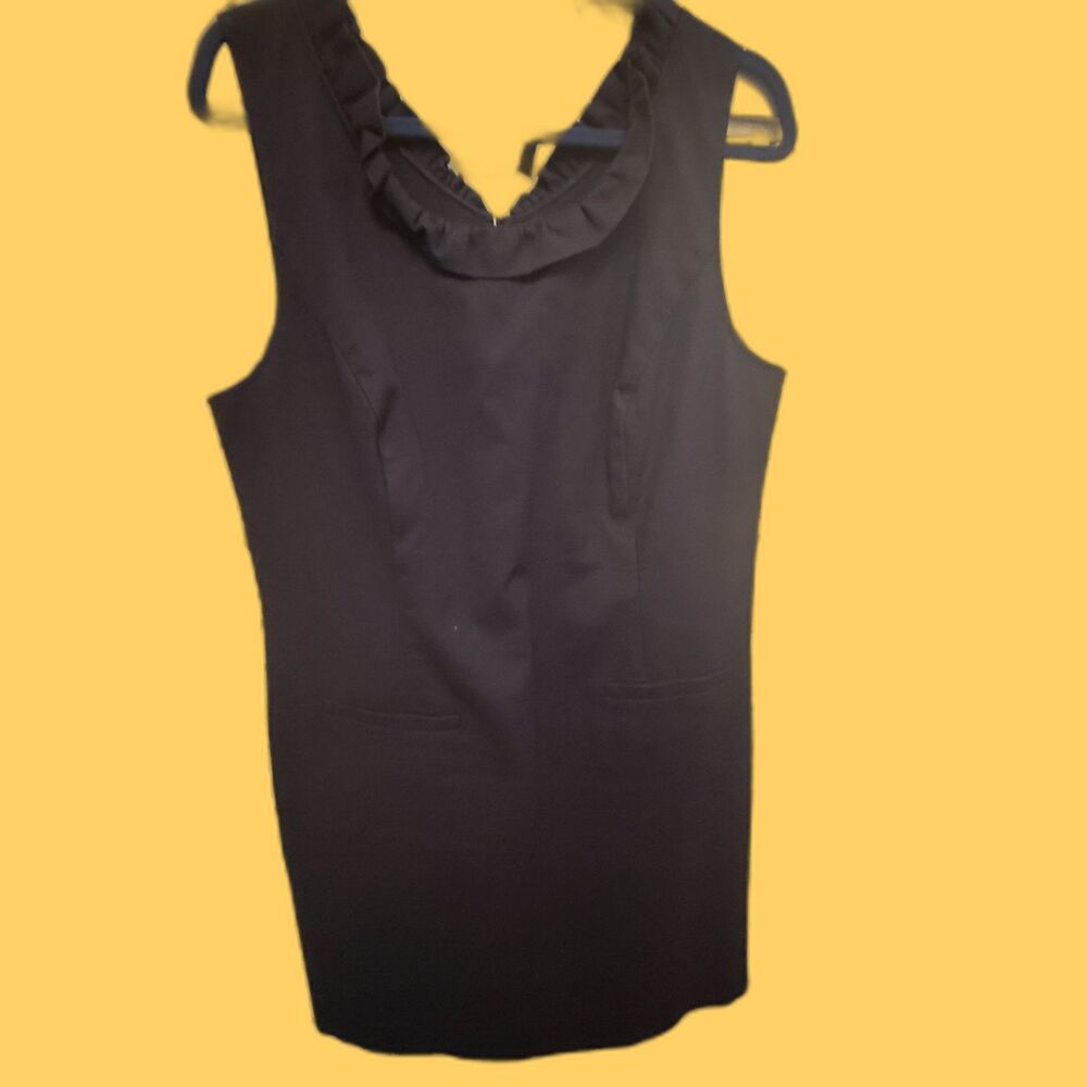Talbots Ruffle Neck Sleeveless Shift Dress Navy Blue With Back Bow Size 16